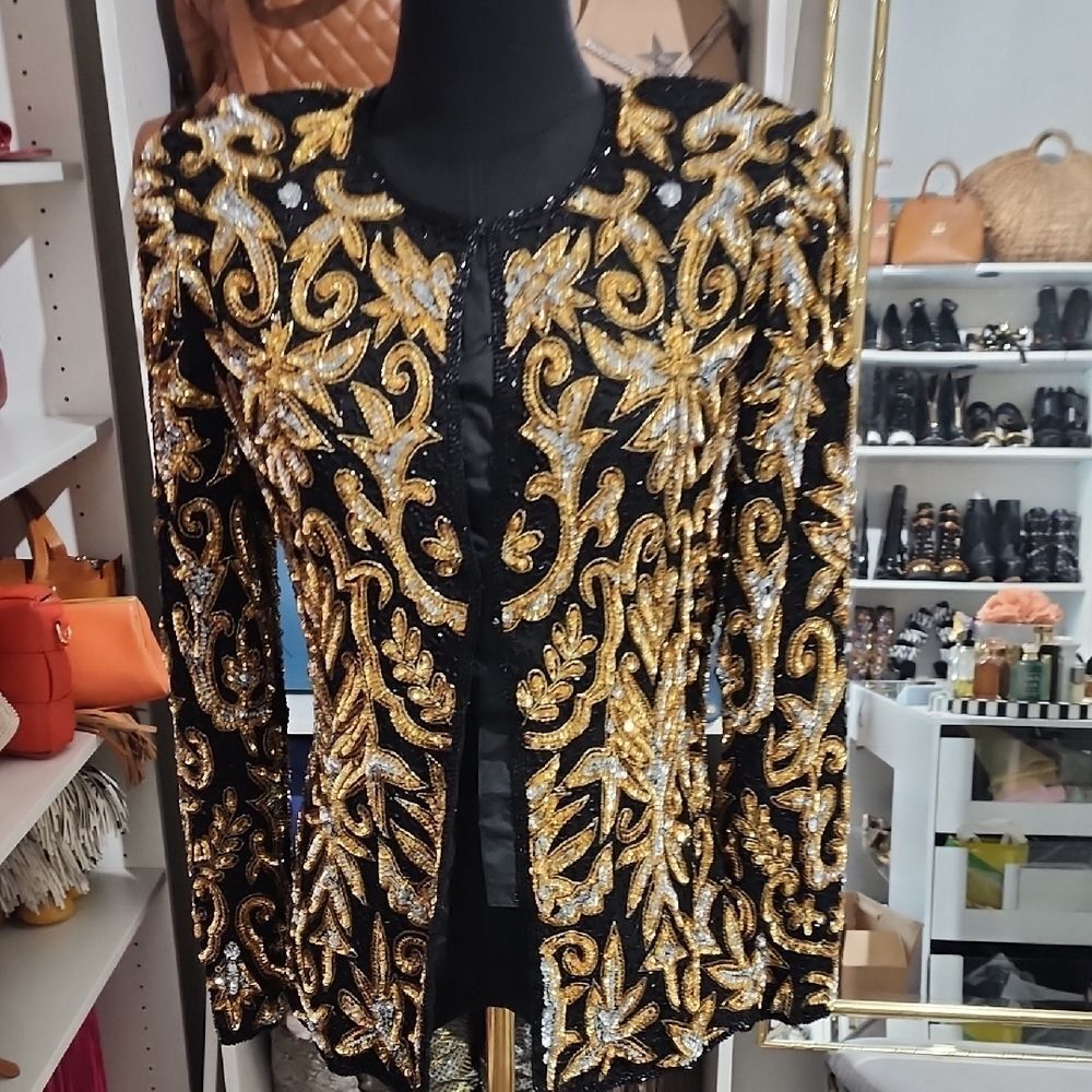 Vintage Laurence Kazar Black and Gold Women's Jacket - Picture 5 of 7